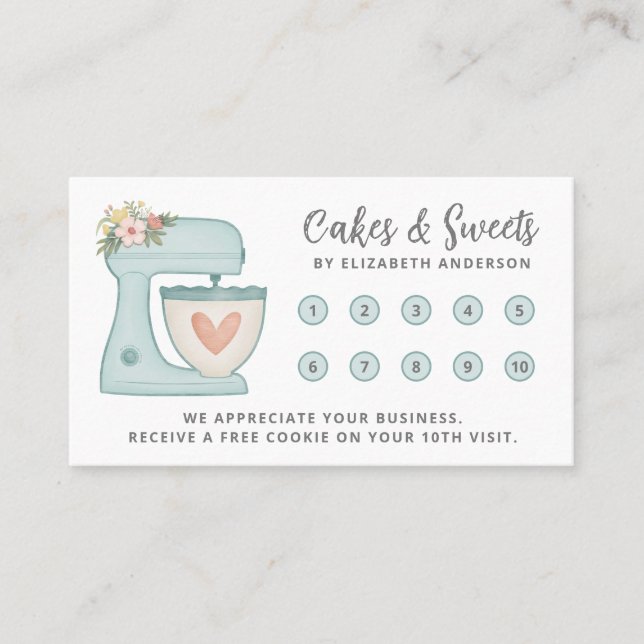 Tarjeta De Fidelización Simple Blue Mixer Floral Cake Bakery Business (Anverso)