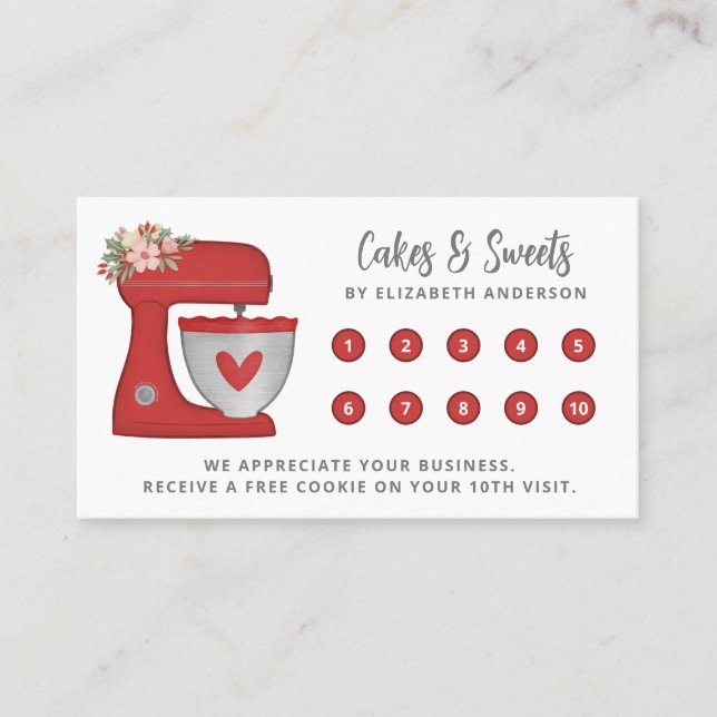 Tarjeta De Fidelización Simple red Mixer Floral Cake Bakery Business (Anverso)