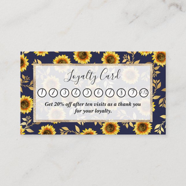 Tarjeta De Fidelización Sunny Yellow Gold Navy Sunflowers deja el patrón (Anverso)