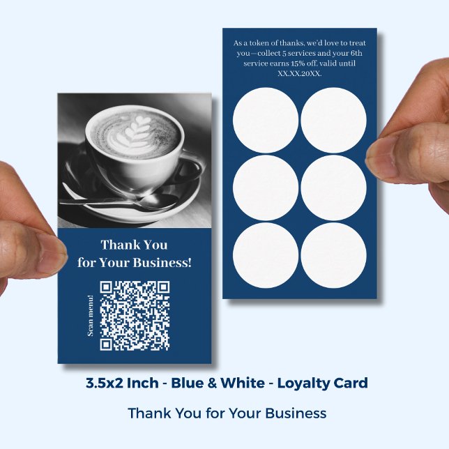 Tarjeta De Fidelización  Thank You with QR Code - Blue Café (Thank You with QR Code - Blue Café Loyalty Card; Size: 3.5x2 Inch)