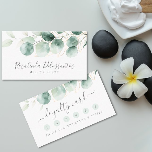 Tarjeta De Fidelización Watercolor Eucalyptus Greenery Floral Gold (Watercolor Eucalyptus Greenery Floral Gold Loyalty Card)