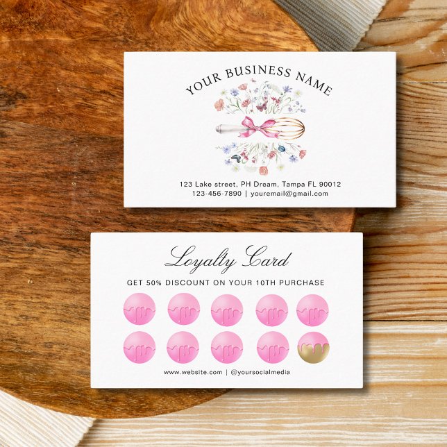 Tarjeta De Fidelización Watercolor Floral Utensils Whisk Bakery  (Watercolor wildflower whisk bakery loyalty card)