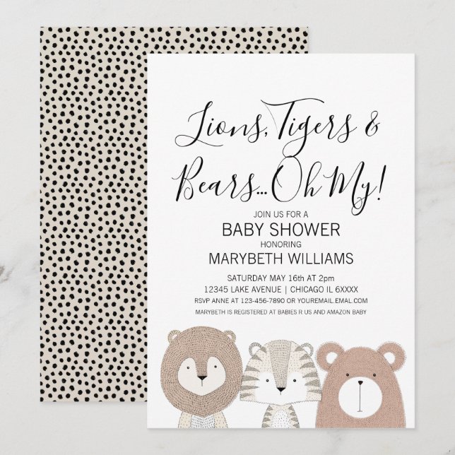 Tarjeta de Fiesta Baby Shower para tigres y osos l (Anverso / Reverso)