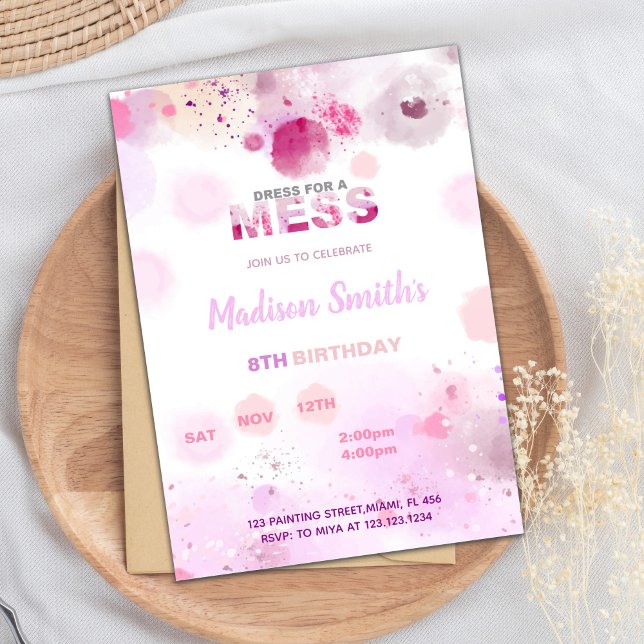 Tarjeta de Fiesta de arte divertido para niños (Dress for mess Paint Birthday Invitations)