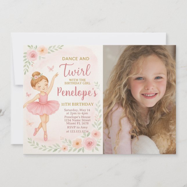 Tarjeta de fiesta de baile rosa editable para niña (Anverso)