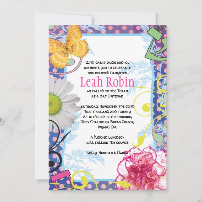 Tarjeta de fiesta de Bat Mitzvah COLLAGE LOCA (Anverso)
