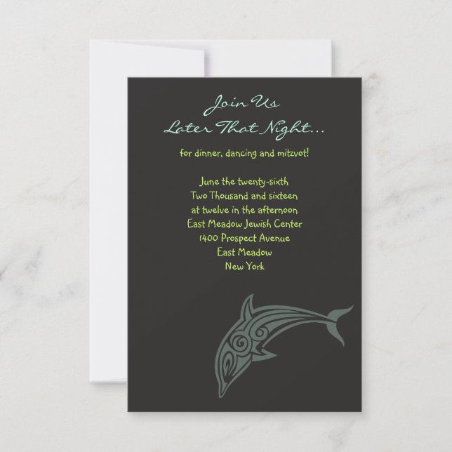 Tarjeta de fiesta de Bat Mitzvah de DOLFINES BAILA (Anverso)