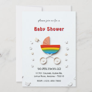 Tarjeta de fiesta de bebé con cochecito de paseo a