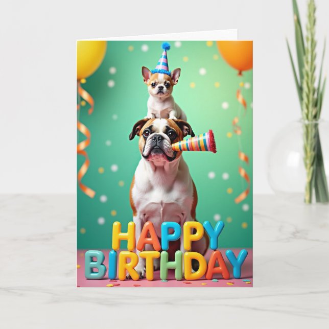 Tarjeta de fiesta de cachorros apilados (Anverso)