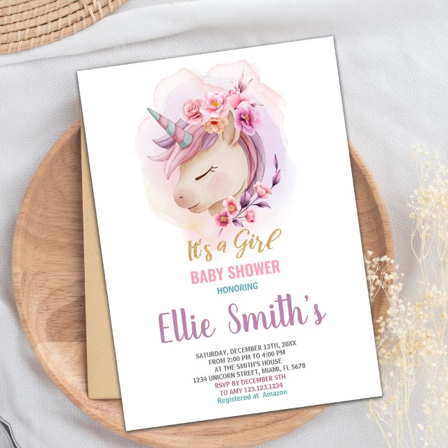 Tarjeta de Fiesta de Chica editable Baby Sprinkle  (Floral Unicorn Baby Shower Invitations)