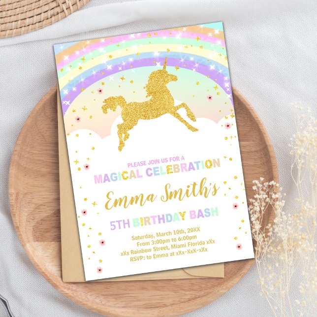 Tarjeta de Fiesta de Chica espumoso y mágico (Running Unicorn Glitter Birthday Invitations)