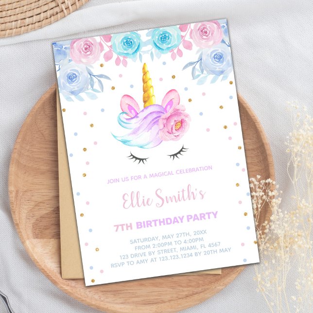 Tarjeta de Fiesta de Chica mágico (Pink Purple Green Floral Unicorn Invitations)