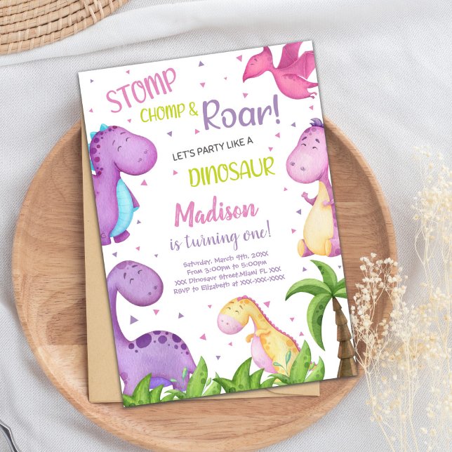Tarjeta de Fiesta de color para Chicas (Pink Purple Dinosaur Birthday Invitations)