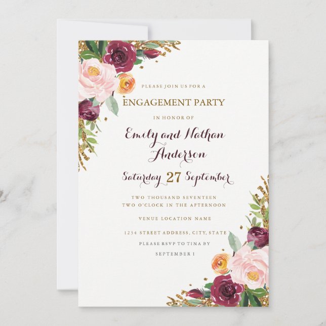 Tarjeta de fiesta de compromiso con brillo floral  (Anverso)