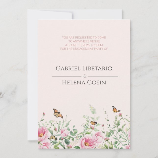 Tarjeta de Fiesta de Compromiso Rosa Floral Elegan (Anverso)