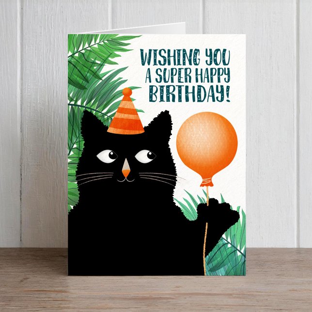 Tarjeta de fiesta de cumpleaños con gato negro y g (Subido por el creador)