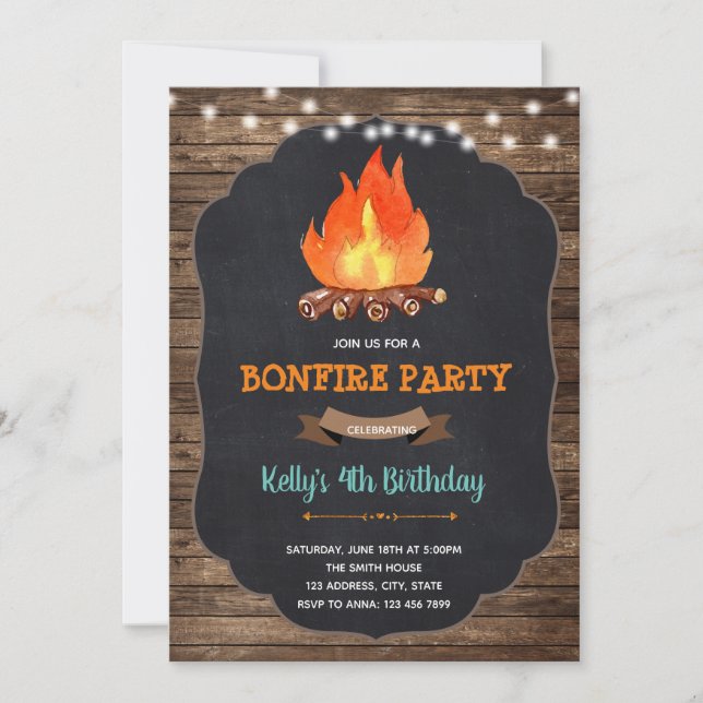 Tarjeta de fiesta de cumpleaños de picnic de fogat (Anverso)
