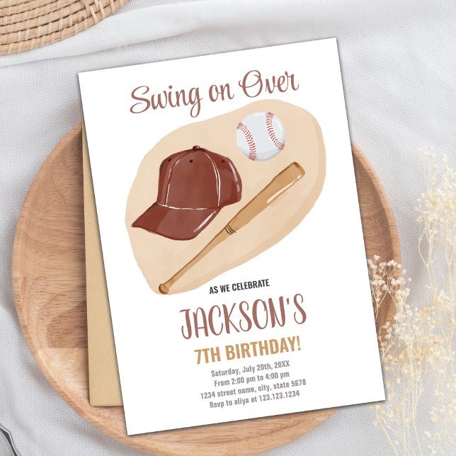Tarjeta de Fiesta de deportes para niños con guant (Brown Baseball Birthday Invitations)