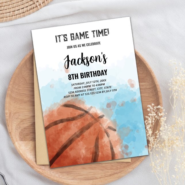 Tarjeta de Fiesta de Deportes Slam Dunk para Niños (Blue Cloud Basketball Birthday Invitation)