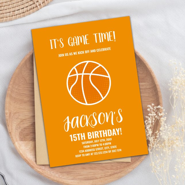Tarjeta de Fiesta de Deportes Slam Dunk para Niños (Orange Basketball Birthday Invitations)