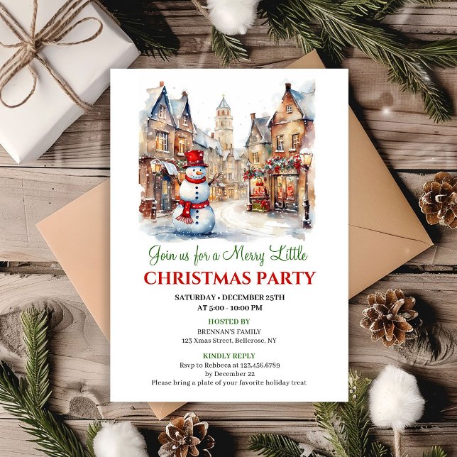Tarjeta de fiesta de escena de Navidad clásica en  (Classic red green Christmas scene party card)