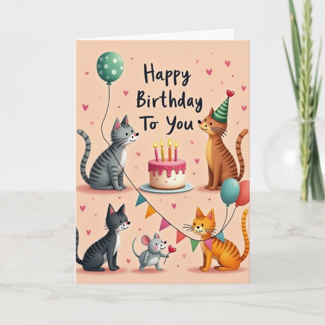 Tarjeta de fiesta de gato alegre (Anverso)