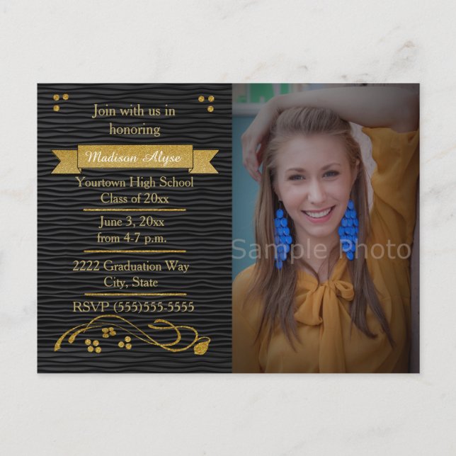 Tarjeta de fiesta de graduación de fotos en negro  (Anverso)