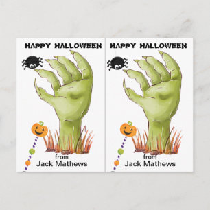 Tarjeta de fiesta de Halloween de mano de zombie e