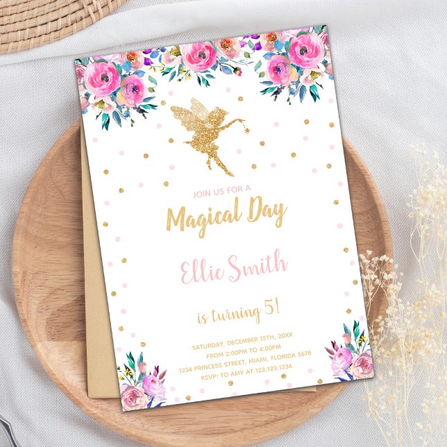 Tarjeta de Fiesta de jardín encantado para Chicas (Pink Floral Fairy Birthday Invitations)