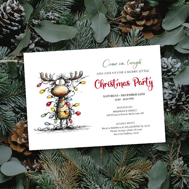 Tarjeta de fiesta de Navidad con reno divertido en (Funny Reindeer Watercolor Christmas Party Card)