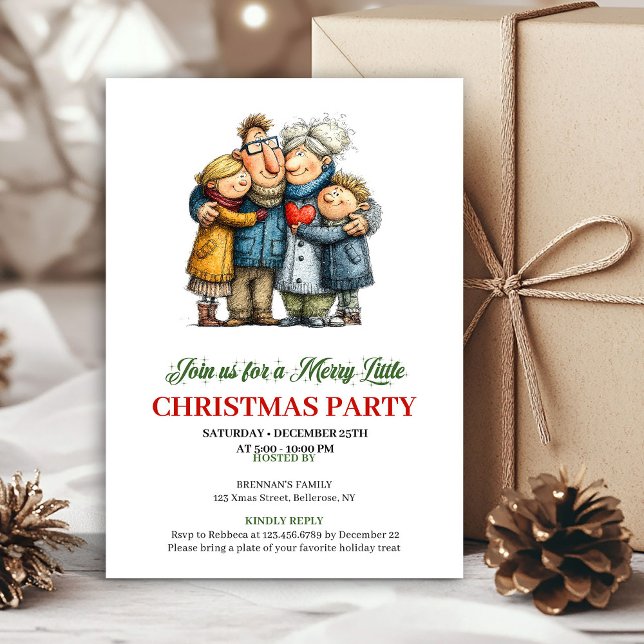 Tarjeta de fiesta de Navidad de dibujos animados p (Whimsical Family Cartoon Christmas Party Card)