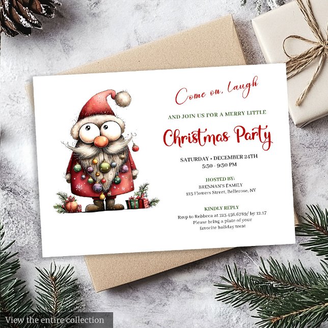 Tarjeta de fiesta de Navidad moderna y alegre de P (Cheerful Quirky Santa Modern Christmas Party Invite)