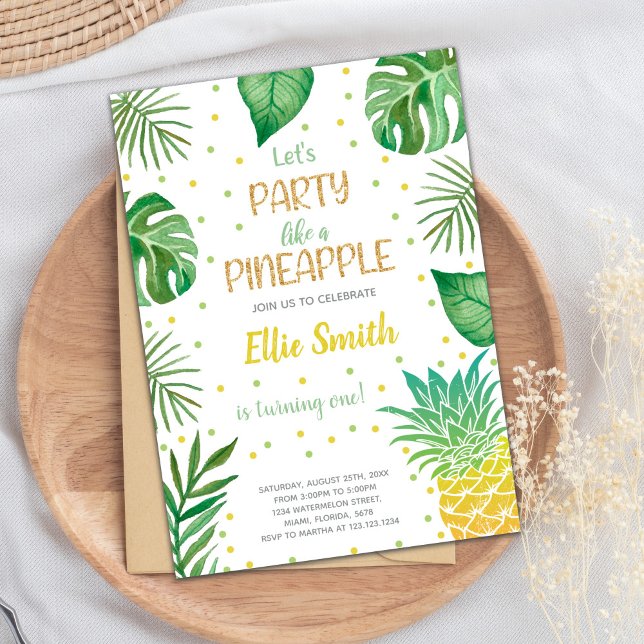 Tarjeta de Fiesta de verano editable tropical (Green Pineapple Invitations)