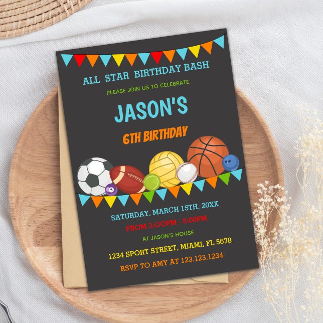 Tarjeta de Fiesta del Día del Juego de las Estrell (Colors Flags Sports Birthday Invitations)