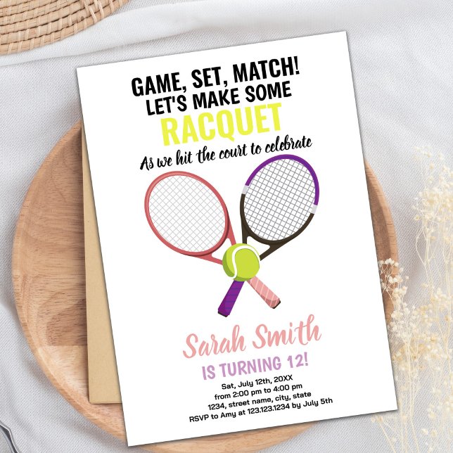 Tarjeta de Fiesta deportivo para Chicas editables  (Pink Purple Tennis Birthday Invitations)