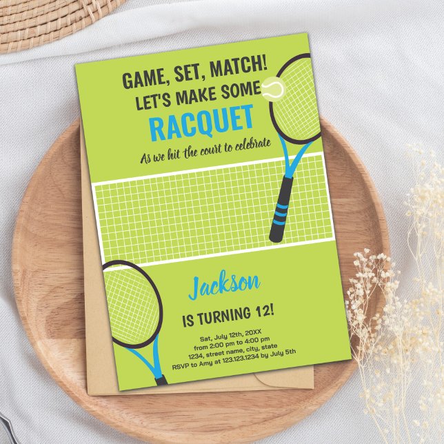 Tarjeta de Fiesta deportivo para niños o Chicas ed (Green Blue Tennis Birthday Invitations)
