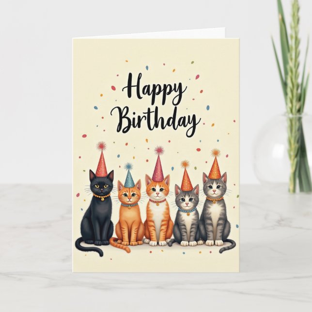 Tarjeta de fiesta felina caprichosa (Anverso)