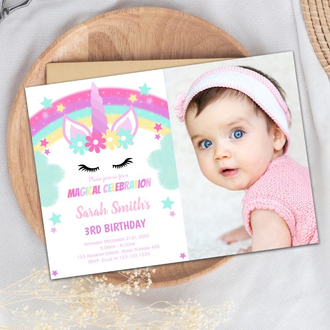 Tarjeta de Fiesta mágica de personalizable para ni (Green Cloud Unicorn Birthday Invitations photo)