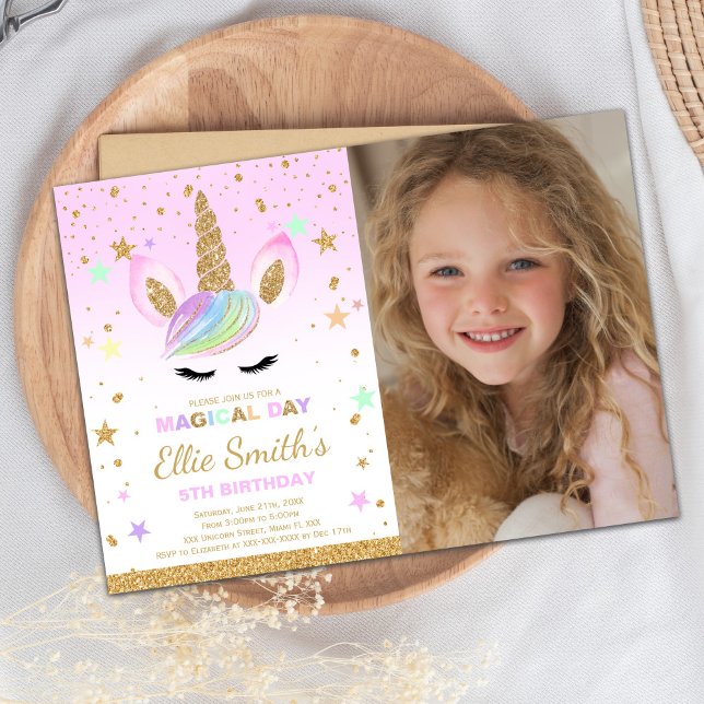 Tarjeta de Fiesta para niños mágicos editable (Glitter Golden Unicorn Invitations with photo)