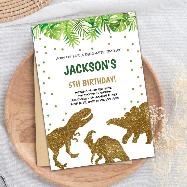 Tarjeta de Fiesta prehistórica roarosa (Brown Glitter Dinosaur Birthday Invitations)