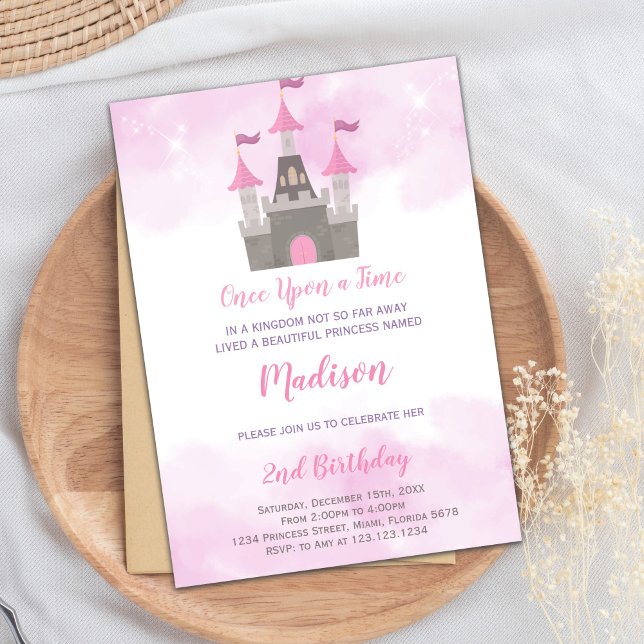 Tarjeta de Fiesta real para Chicas (Pink Gray Castle Princess Birthday Invitations)