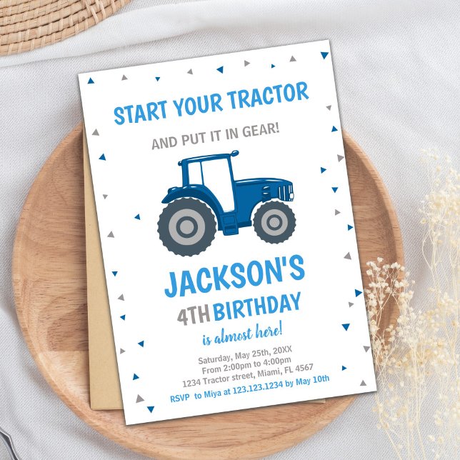 Tarjeta de fiesta temática agrícola para niños (Blue Tractor Birthday Invitations)