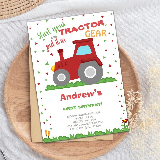 Tarjeta de Fiesta temática para granjas y tractore (Green Grass Tractor Birthday Invitations)