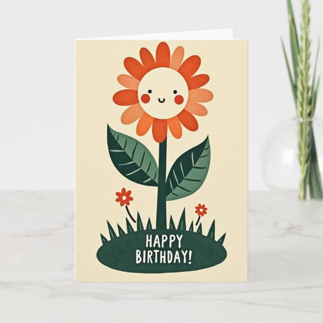 Tarjeta de Flor Sonriente de Cumpleaños Alegre (Anverso)