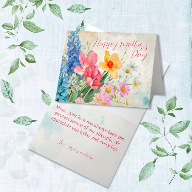 Tarjeta de Floral de época "Feliz Día de la Madre" (Lovely vintage watercolor of colorful spring florals for "Happy Mother's Day" card)