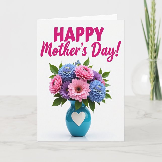 Tarjeta de Florero con Corazón y Flores Brillantes (Anverso)