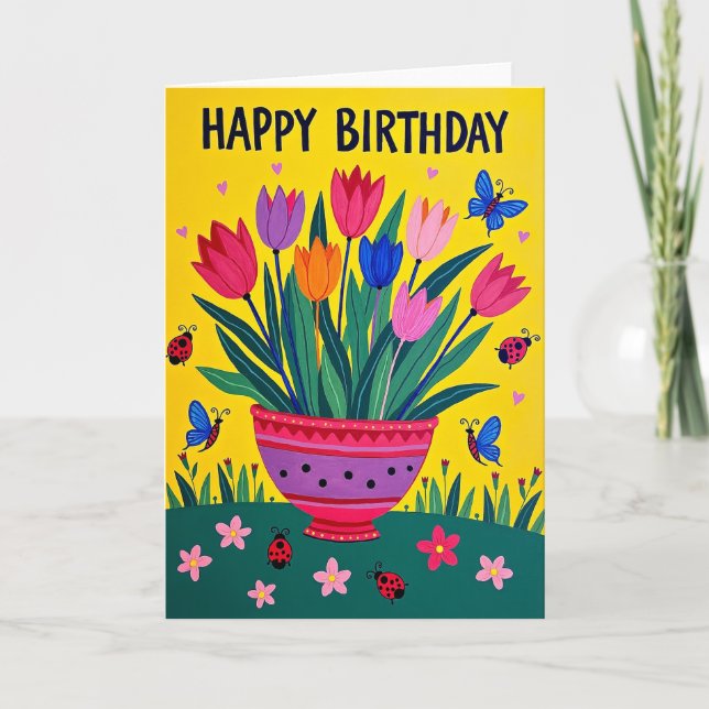 Tarjeta de Florero de Cumpleaños Vibrante (Anverso)