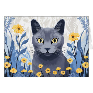Tarjeta de flores amarillas del gato azul ruso