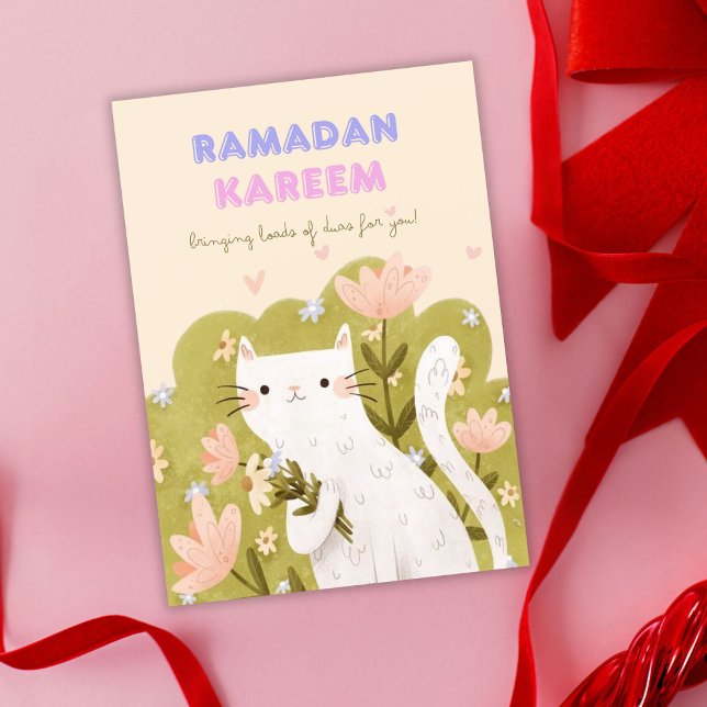 Tarjeta de flores coloridas del gato Ramadan Karee (Subido por el creador)