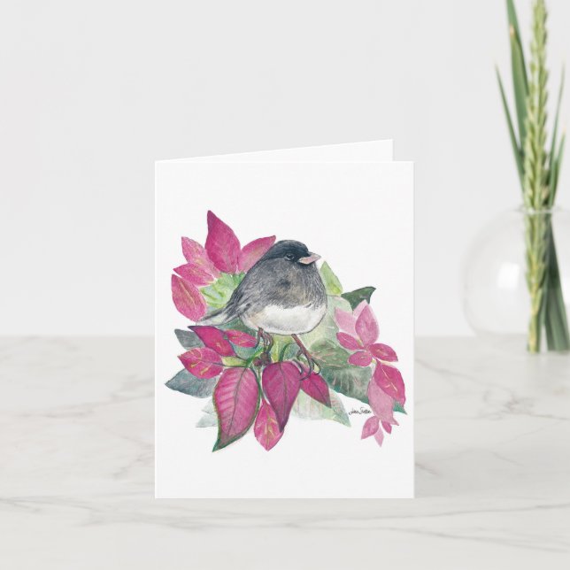 Tarjeta de flores de aves Junco de ojos oscuros (Anverso)